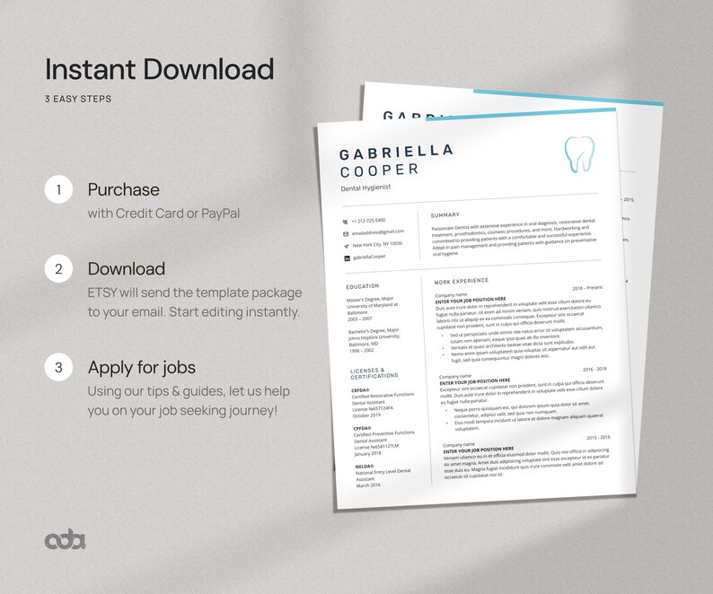Dental Resume Template Word + Cover Letter + Reference, Dental Hygienist CV Template, Dentistry Resume Template, Orthodontics Resume