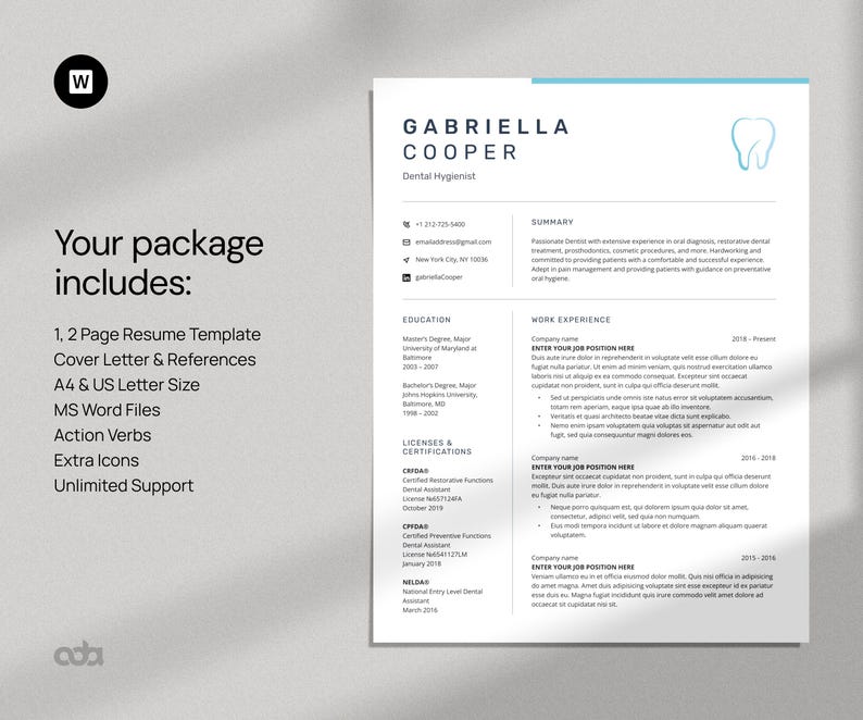 Dental Resume Template Word + Cover Letter + Reference, Dental Hygienist CV Template, Dentistry Resume Template, Orthodontics Resume
