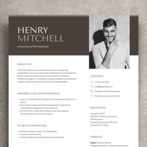 Currículum de fraternidad con foto, plantilla de currículum de fraternidad Canva, currículum de reclutamiento de hermandad para chicos, plantilla de CV urgente con carta de presentación