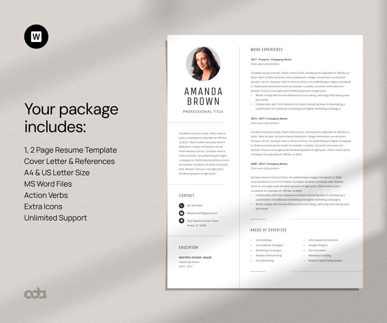 Minimalist Resume Template for Word, Project Manager CV with Photo, Cover Letter, Job Application, Marketing Resume, Teacher CV