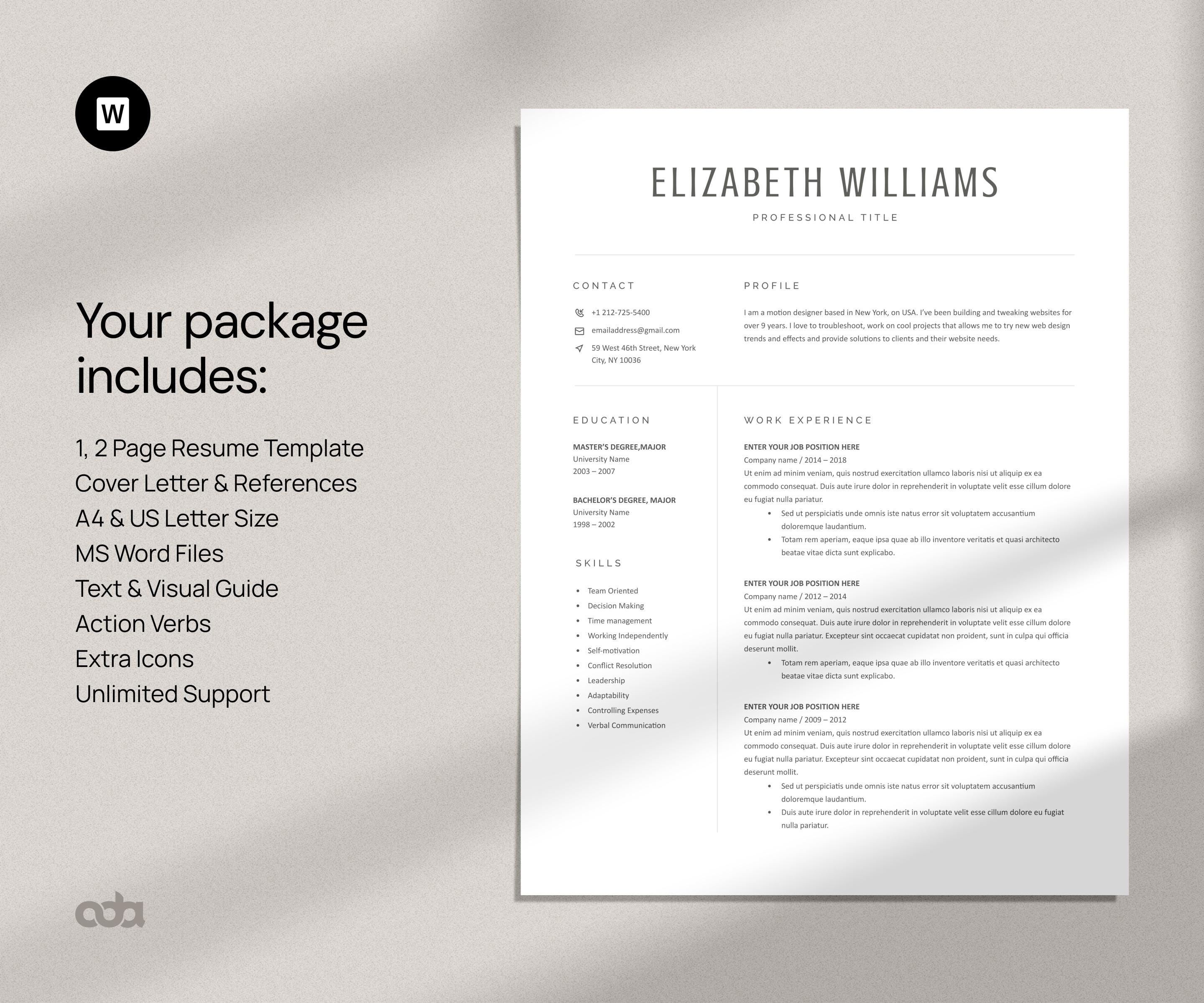 Modern Resume Template for Word, Professional CV Design (instant ...