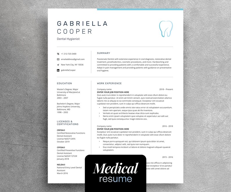 Dental Resume Template, Cover Letter & Reference (DOCx)