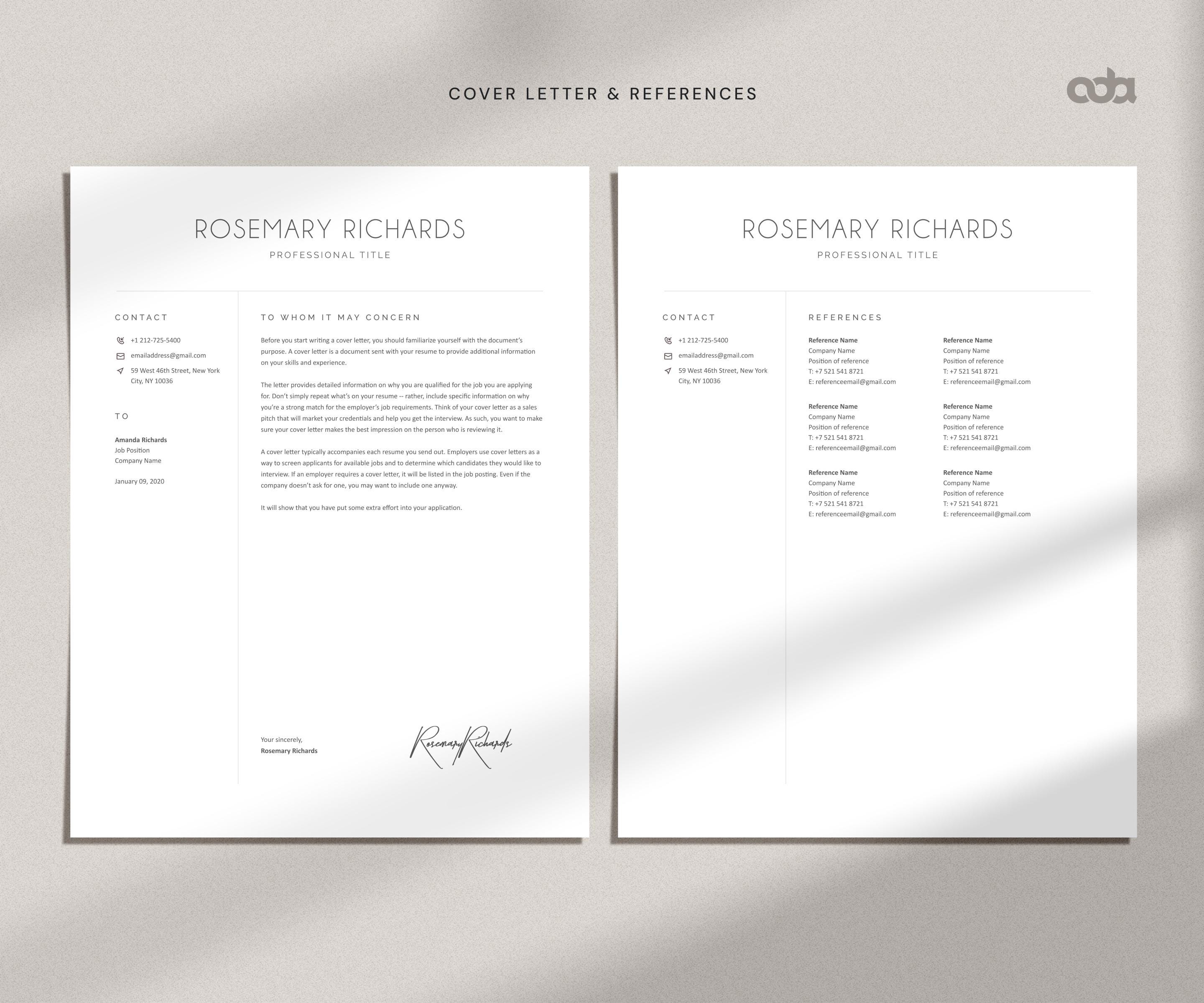 Minimalist Resume Template, Cover Letter CV Design (instant Download ...