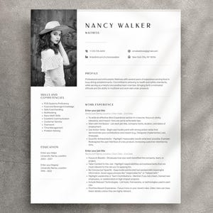 Waitress Resume Template, Restaurant Server CV, Editable in Pages & Canva