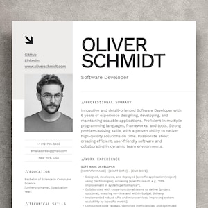 May include: Black and white photograph of a man wearing glasses, with a professional CV. The CV lists the man's name, Oliver Schmidt, his job title, Software Developer, and his contact details. The CV also includes sections for professional summary, work experience, education, and technical skills.
