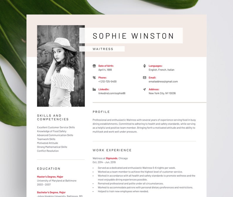 waitress-resume-template-with-photo-professional-cv-template-word