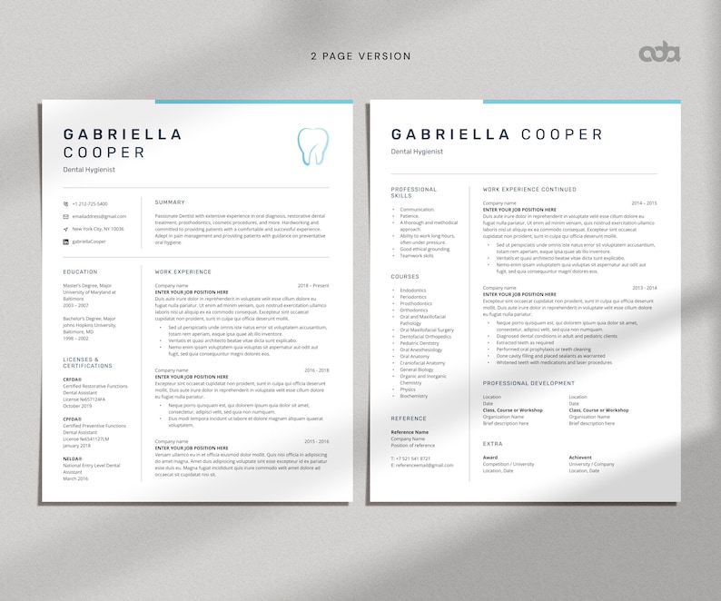Dental Resume Template Word + Cover Letter + Reference, Dental Hygienist CV Template, Dentistry Resume Template, Orthodontics Resume
