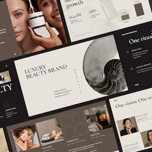 Puede incluir: Una presentación digital de tipo pitch deck para una marca de belleza de lujo que incluye tipografía, fotografías de productos de cuidado de la piel, un gráfico de concha de nautilo, gráficos de crecimiento financiero y perfiles de miembros del equipo.