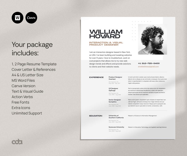 Modern Resume Template for Word and Canva | Creative Resume with photo | Professional CV Template for Designer | Editable Resume