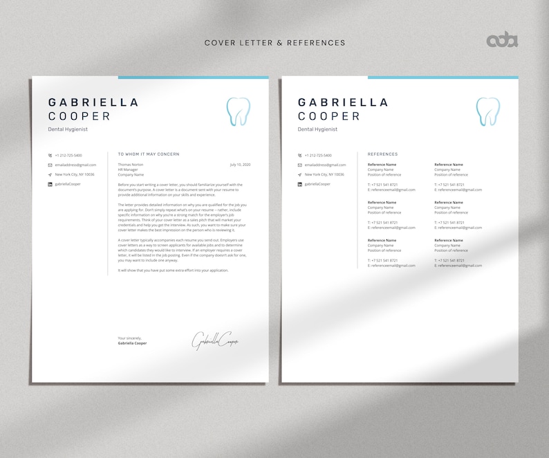 Dental Resume Template Word + Cover Letter + Reference, Dental Hygienist CV Template, Dentistry Resume Template, Orthodontics Resume