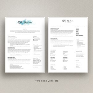 Peut inclure: Un mod&egrave;le de CV sur deux pages avec un design aquarelle bleu en haut. Le CV comprend des sections pour l'objectif, l'exp&eacute;rience professionnelle, les coordonn&eacute;es, les points forts, la formation, les r&eacute;f&eacute;rences, les certificats, les int&eacute;r&ecirc;ts et les m&eacute;dias sociaux. Le CV est con&ccedil;u pour un coiffeur principal.