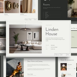 May include: A digital presentation layout titled Linden House featuring a living room interior with a cream sectional sofa, two dark circular coffee tables, a tall potted plant, a pendant light, and two framed abstract art prints on a grey wall.