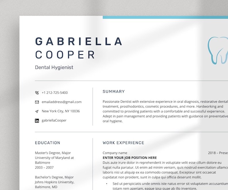 Dental Resume Template Word + Cover Letter + Reference, Dental Hygienist CV Template, Dentistry Resume Template, Orthodontics Resume