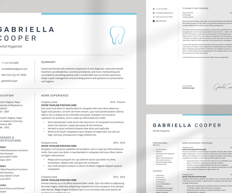 Dental Resume Template Word + Cover Letter + Reference, Dental Hygienist CV Template, Dentistry Resume Template, Orthodontics Resume
