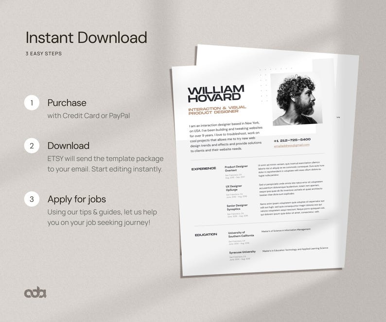 Modern Resume Template for Word and Canva | Creative Resume with photo | Professional CV Template for Designer | Editable Resume