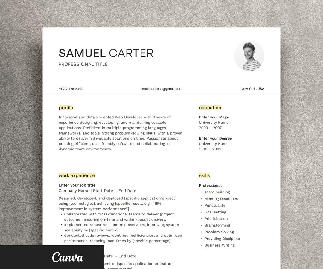 Canva Resume Template With Photo, Cv Template Canva, Creative Resume ...