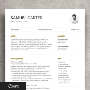 Canva Resume Template with Photo, Cv Template Canva, Creative Resume Canva Template, Editable Resume Layout Canva, Professional Resume Canva
