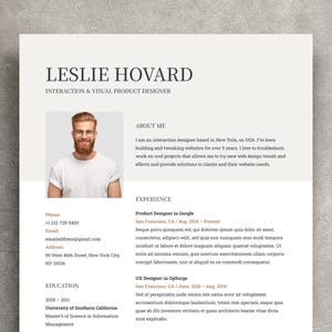 May include: A resume for Leslie Hovard, an interaction and visual product designer. The resume includes her contact information, education, and work experience. The resume is formatted with a simple, clean design.