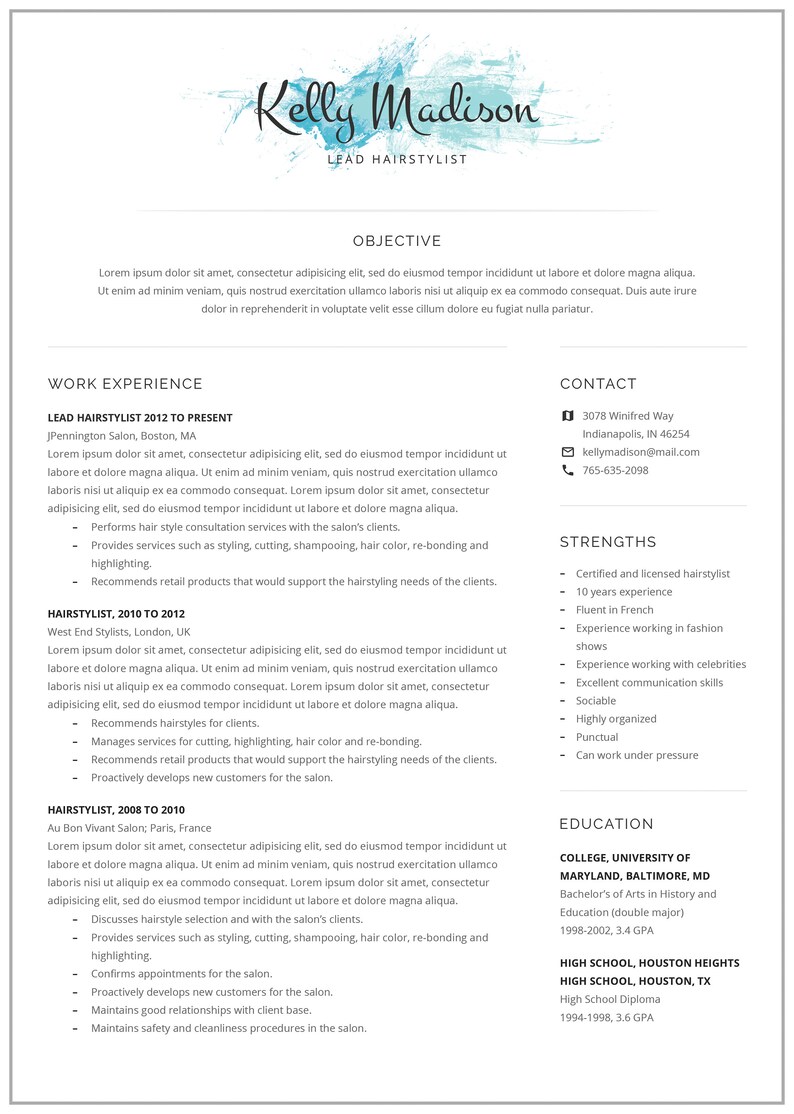 Peut inclure: Un curriculum vitae pour une coiffeuse en chef nomm&eacute;e Kelly Madison. Le CV comprend l'exp&eacute;rience professionnelle, la formation, les comp&eacute;tences et les coordonn&eacute;es.