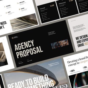 May include: A digital agency proposal presentation deck featuring multiple slides with black, white, and beige color schemes. The slides display text including Agency Proposal, We Design Strategies and Experiences That Drive Real Growth, and Elevating a Brand from Concept to Category Leader, alongside various service packages and business metrics.