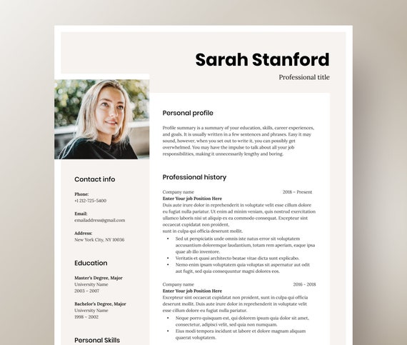 Elegant Resume Template for Word Professional CV With Photo | Etsy