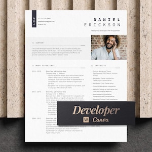 May include: A professional CV template featuring the name Daniel Erickson, WordPress Developer, PHP Programmer, contact details, a summary section, work experience, and expertise. A black rectangular overlay displays the text Developer and Canva.