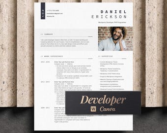 May include: A professional resume template featuring the name Daniel Erickson, WordPress Developer, PHP Programmer, contact details, a summary section, work experience, and expertise. A black rectangular overlay displays the text Developer and Canva.