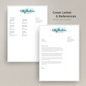 Peut inclure: Un mod&egrave;le de CV avec un design aquarelle bleu et le nom "Kelly Madison, Lead Hairstylist" en haut. Le CV comprend des sections pour les r&eacute;f&eacute;rences, les coordonn&eacute;es et une lettre de motivation.