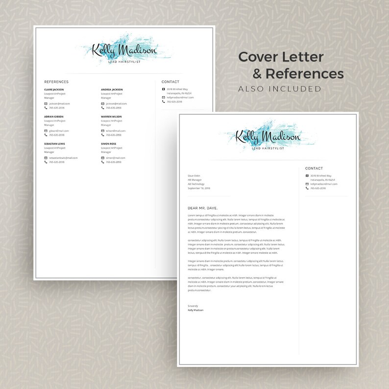 Peut inclure: Un mod&egrave;le de CV avec un design aquarelle bleu et le nom "Kelly Madison, Lead Hairstylist" en haut. Le CV comprend des sections pour les r&eacute;f&eacute;rences, les coordonn&eacute;es et une lettre de motivation.