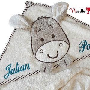 Hooded towel donkey with name and optional date MORGENSTERN100 x 100 cmGift for birthGift for christeningNeedleCat embroidery studio image 2