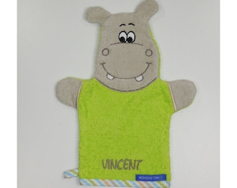 MORGENSTERN  Waschhandschuh Hippo mit Name bestickt•Geschenk zur Geburt•Geschenk zur Taufe•NeedleCat Stickatelier