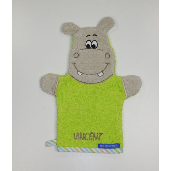 MORGENSTERN  Waschhandschuh Hippo mit Name bestickt•Geschenk zur Geburt•Geschenk zur Taufe•NeedleCat Stickatelier