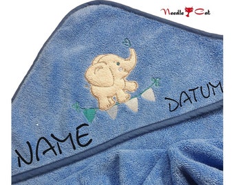 Elephant hooded towel embroidered with name and optional date• MORGENSTERN hooded towel 100 x 100 cm•Gift for birth•Gift for christening