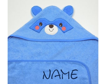 MORGENSTERN Hooded Towel Raccoon with Name and Optional Date•Organic Cotton•90 x 90 cm•Baby Gift•Baptism Gift•NeedleCat