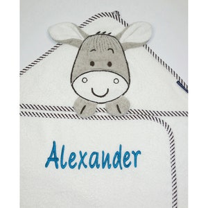 MORGENSTERN Hooded Towel Donkey with name and optional date100 x 100 cmGift for birthGift for baptismBaby TowelNeedleCat image 1