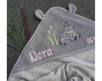 Hooded towel Hippo with name and optional date MORGENSTERN•100 x 100 cm•Gift for a birth•Gift for a christening•NeedleCat embroidery studio