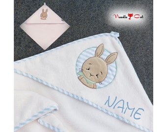 Serviette à capuche lapin brodée avec prénom et date en option• Serviette à capuche MORGENSTERN 100 x 100 cm•Cadeau pour une naissance•Cadeau pour un baptême