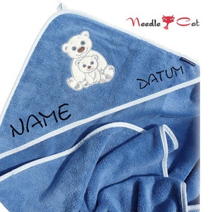 Serviette à capuche ours polaire brodée avec prénom et date en option Serviette à capuche MORGENSTERN 100 x 100 cmCadeau pour une naissanceCadeau pour un baptême image 1