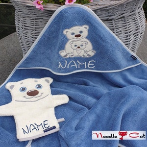 Serviette à capuche ours polaire brodée avec prénom et date en option Serviette à capuche MORGENSTERN 100 x 100 cmCadeau pour une naissanceCadeau pour un baptême image 2