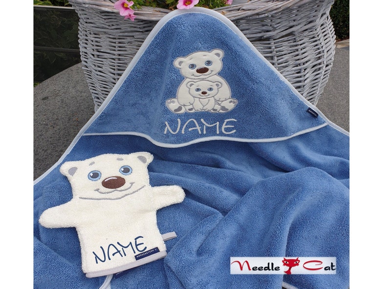 Serviette à capuche ours polaire brodée avec prénom et date en option Serviette à capuche MORGENSTERN 100 x 100 cmCadeau pour une naissanceCadeau pour un baptême image 2