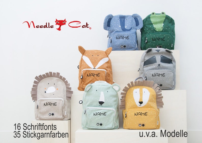 Backpack kindergarten embroidered with nametrixie backpack lion elephant & coKita backpack with namebackpack personalizedNeedleCat image 1