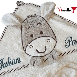 Hooded towel donkey with name and optional date MORGENSTERN100 x 100 cmGift for birthGift for christeningNeedleCat embroidery studio image 1