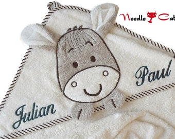 Hooded towel donkey with name and optional date MORNING STAR•100 x 100 cm•Gift for birth•Gift for baptism•NeedleCat embroidery studio