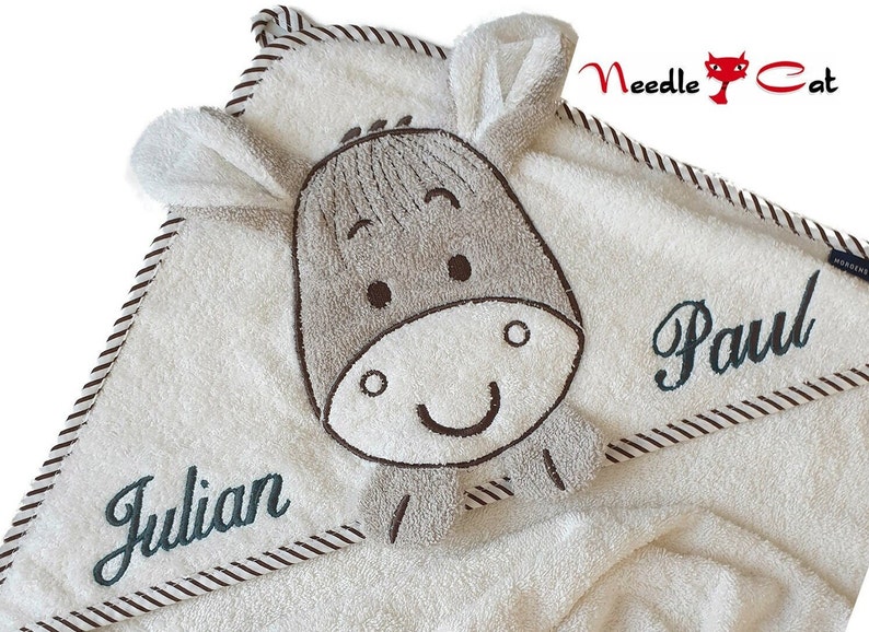 Hooded towel donkey with name and optional date MORGENSTERN100 x 100 cmGift for birthGift for christeningNeedleCat embroidery studio image 1