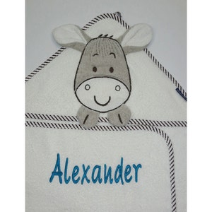 Hooded towel donkey with name and optional date MORGENSTERN100 x 100 cmGift for birthGift for christeningNeedleCat embroidery studio Name auf Tuch