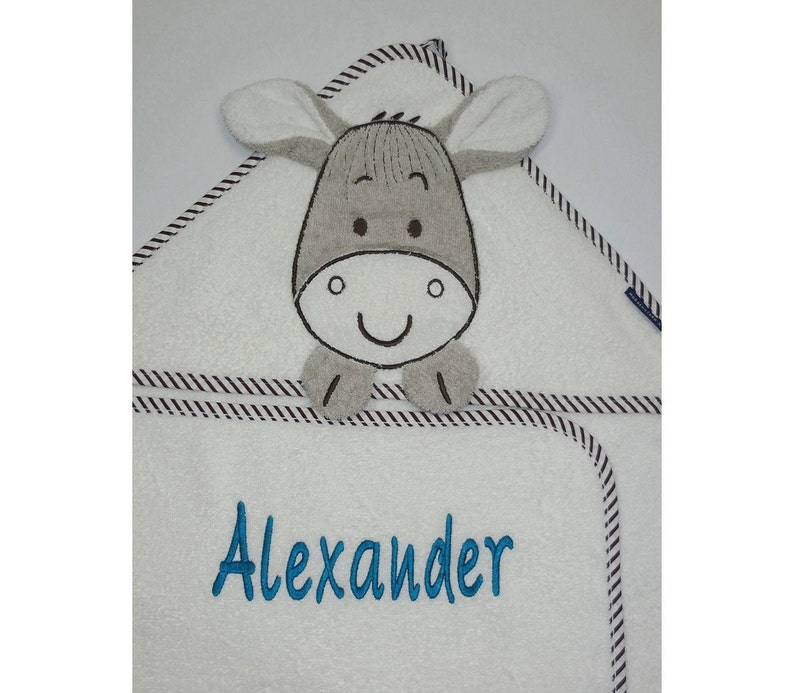 Hooded towel donkey with name and optional date MORGENSTERN100 x 100 cmGift for birthGift for christeningNeedleCat embroidery studio Name auf Tuch