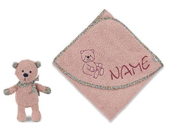 Star-studded hooded towel Baylee rose embroidered with name + toy•100 x 100 cm•Baby towel•Birth andBaptism gift•NeedleCat