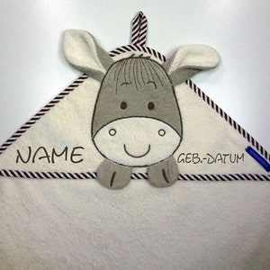 Hooded towel donkey with name and optional date MORGENSTERN100 x 100 cmGift for birthGift for christeningNeedleCat embroidery studio Name & Datum Kapuze