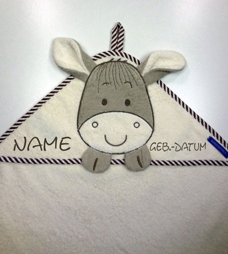 Hooded towel donkey with name and optional date MORGENSTERN100 x 100 cmGift for birthGift for christeningNeedleCat embroidery studio Name & Datum Kapuze