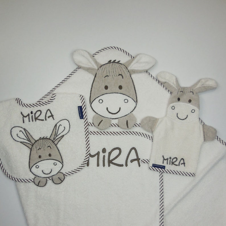 MORGENSTERN Hooded Towel Donkey with name and optional date100 x 100 cmGift for birthGift for baptismBaby TowelNeedleCat 3-er SET
